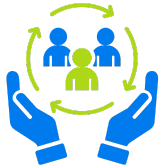 Blue protective hands cradling group of people silhouettes