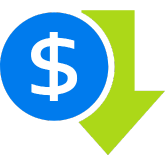 Blue circle with white dollar sign and green downward arrow icon